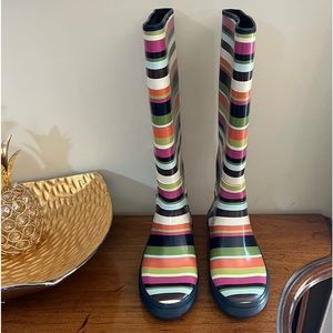 Coach Striped Knee-High Rain Boots in Pink, Green, Orange, Black, White